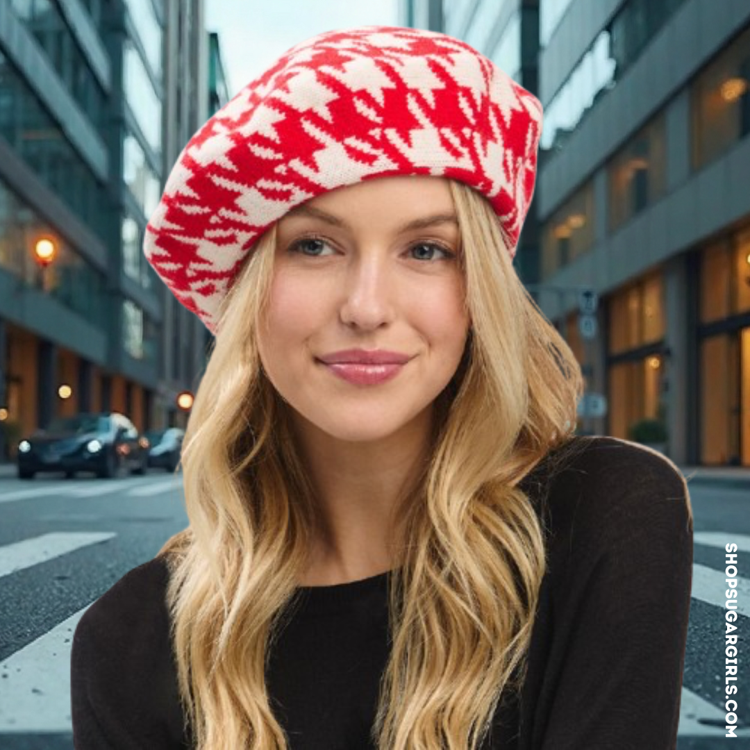 HOUNDSTOOTH BERET RED